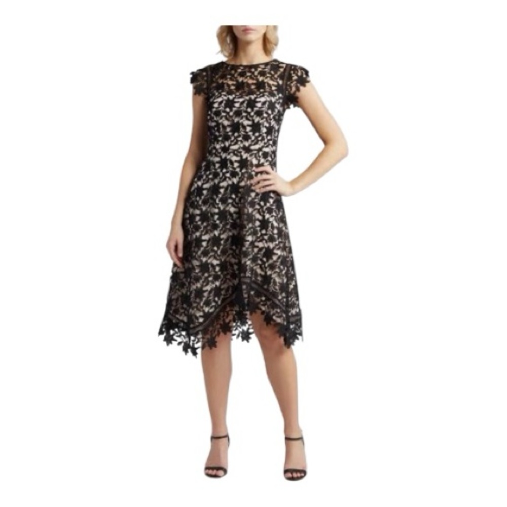 Eliza J Black Lace Midi Dress with Cream Liner,  Size (8)